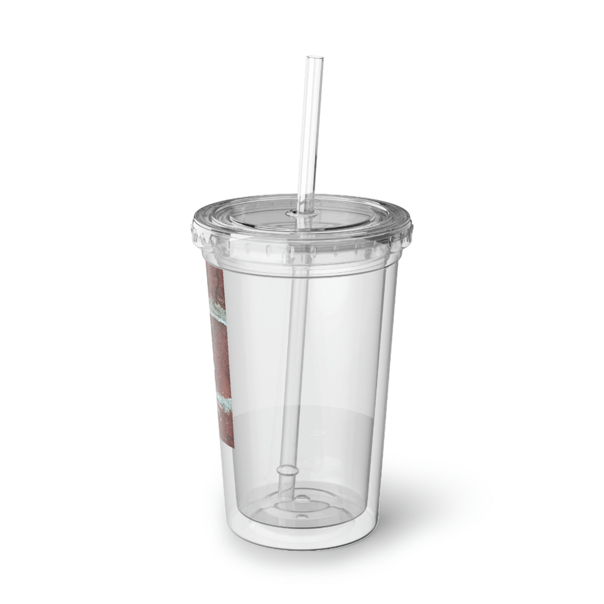 Bricks Suave Acrylic Cup with double-wall insulation, featuring a customizable design and a plastic lid with a straw.