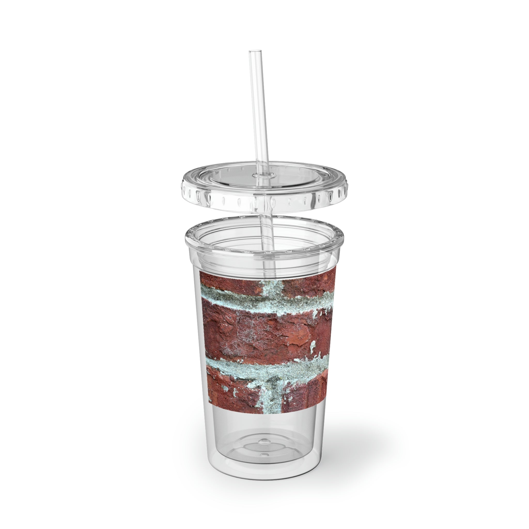 Bricks Suave Acrylic Cup with double-wall insulation, featuring a customizable design and a plastic lid with a straw.