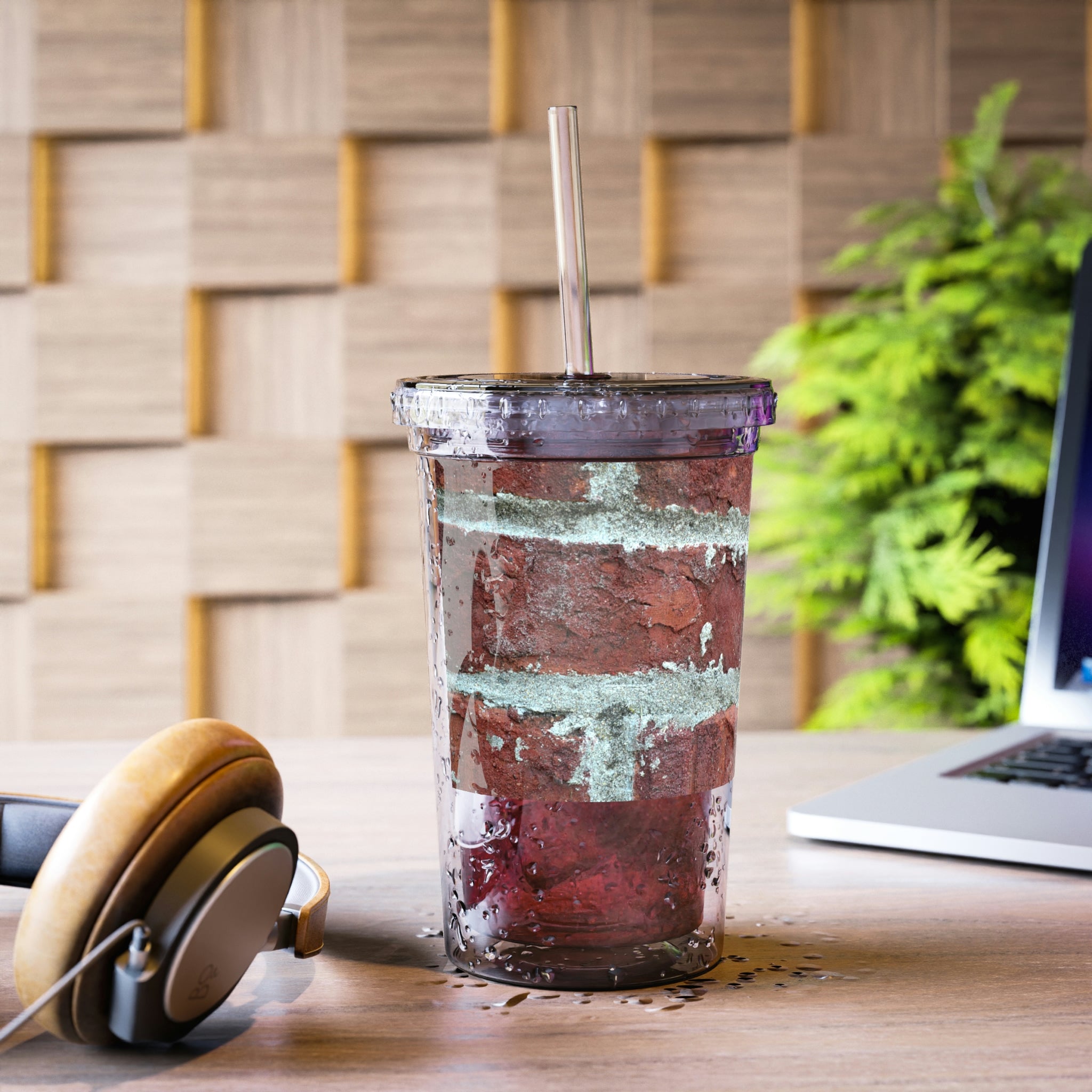 Bricks Suave Acrylic Cup with double-wall insulation, featuring a customizable design and a plastic lid with a straw.