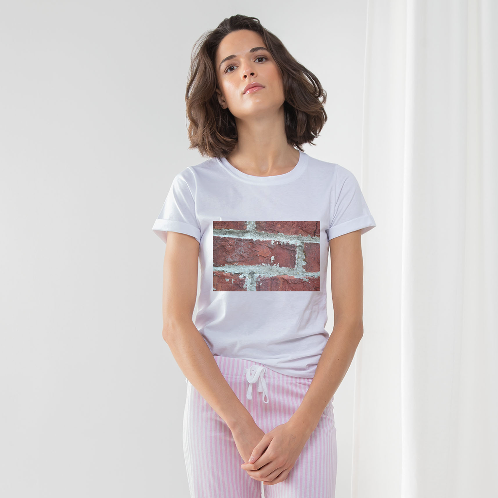 Bricks Women's Long Pant Pyjama Set featuring a white t-shirt, heather grey and light pink striped pants, and a matching drawcord bag.