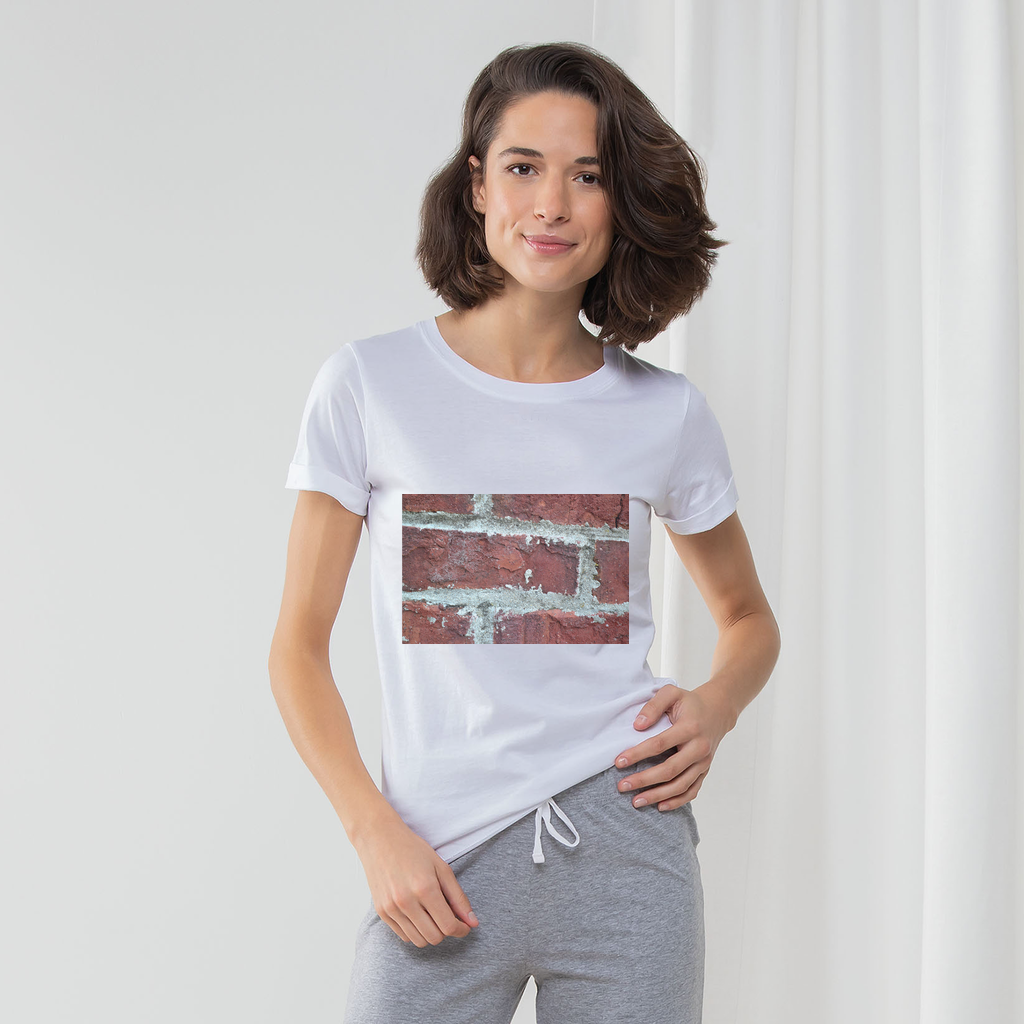 Bricks Women's Long Pant Pyjama Set featuring a white t-shirt, heather grey and light pink striped pants, and a matching drawcord bag.