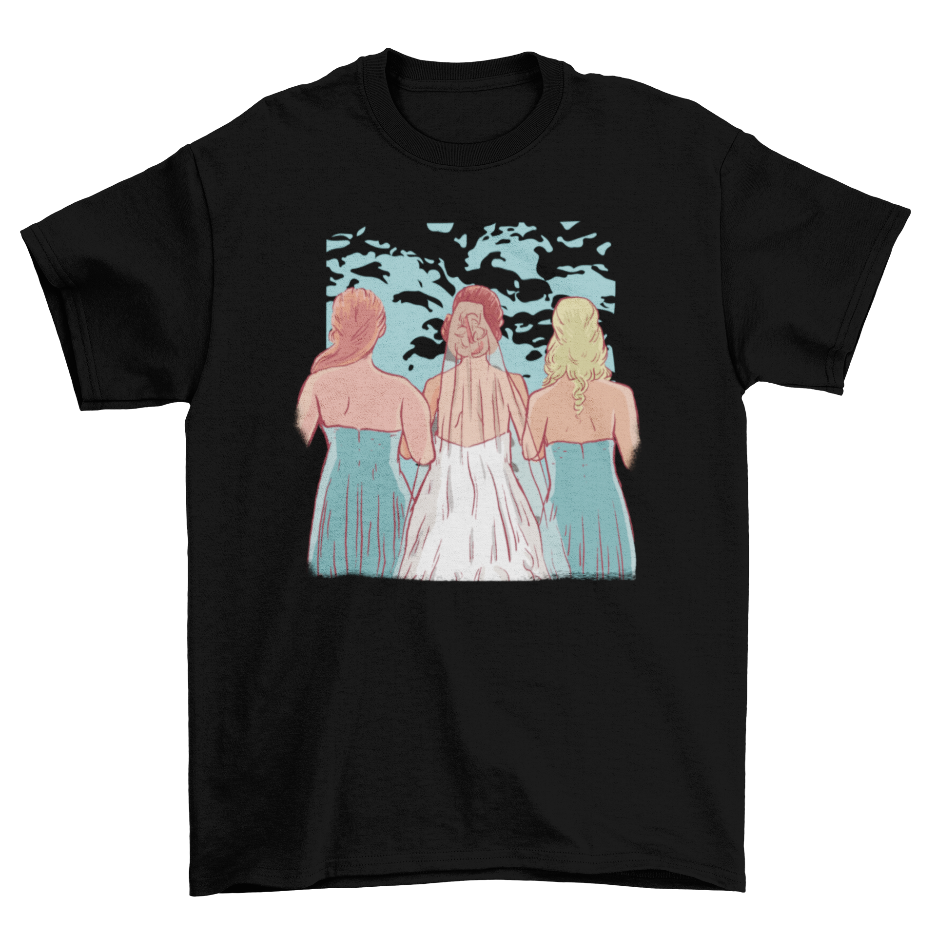 A stylish t-shirt featuring a bride with her bridesmaids, perfect for bridal parties.