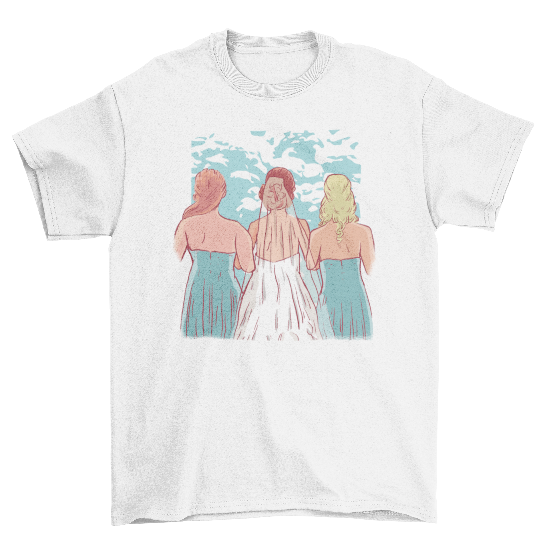 A stylish t-shirt featuring a bride with her bridesmaids, perfect for bridal parties.