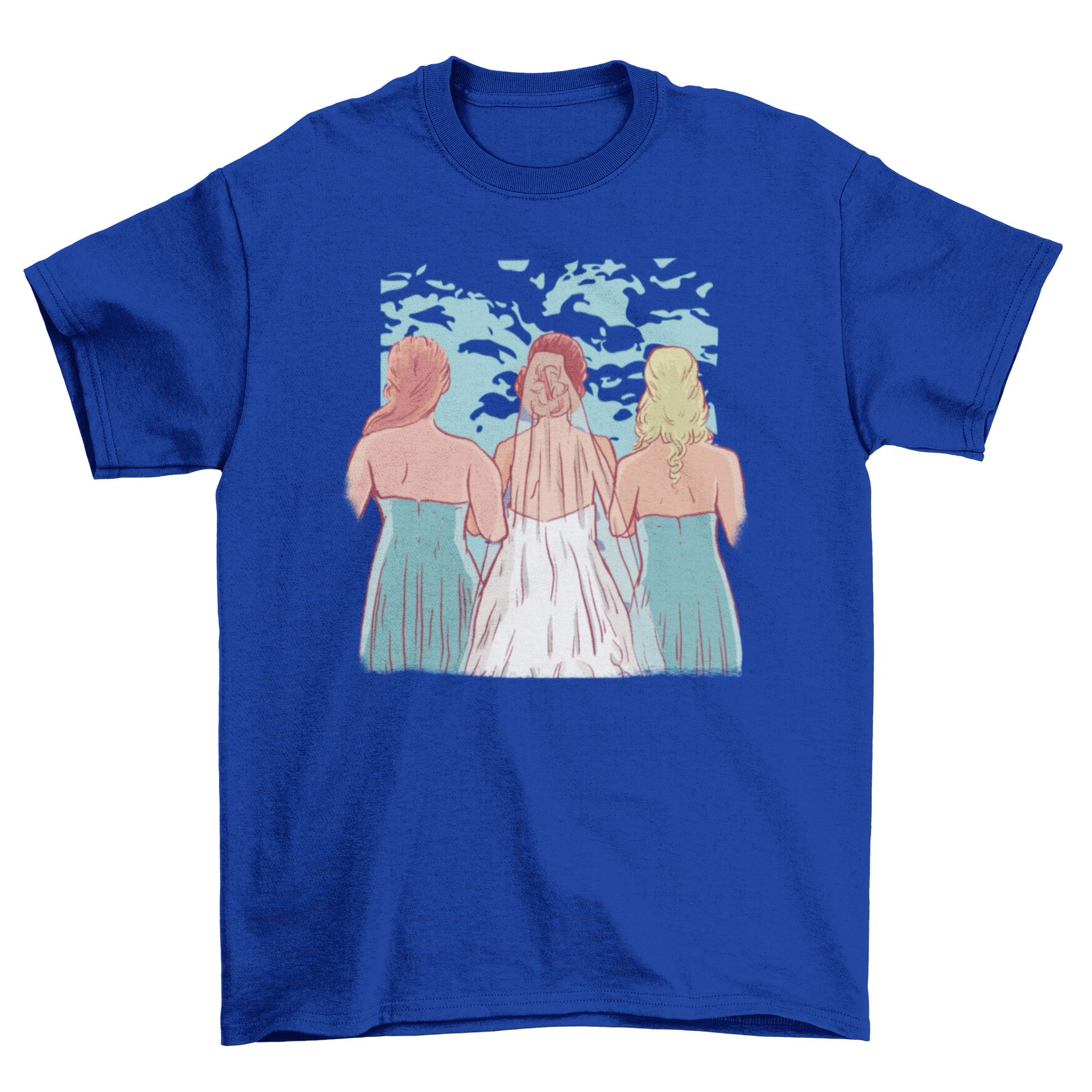 A stylish t-shirt featuring a bride with her bridesmaids, perfect for bridal parties.