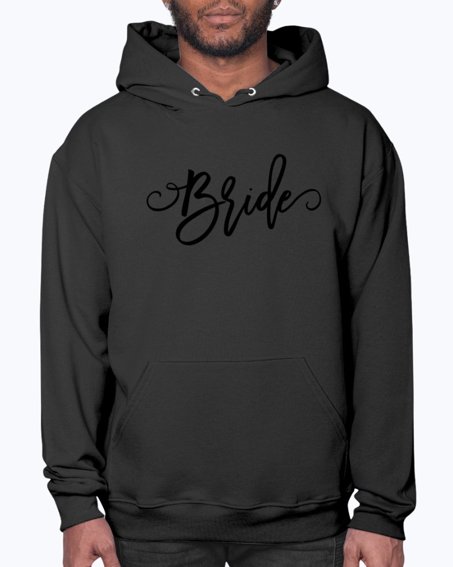 A cozy Bride Hoodie featuring a unisex design, perfect for brides and bridal parties, made from soft preshrunk fleece with a front pouch pocket.