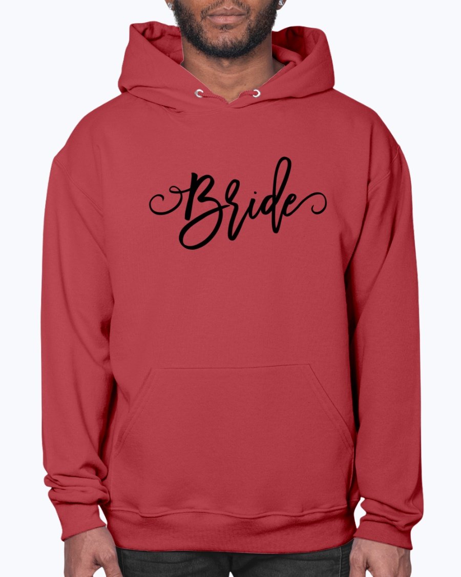 A cozy Bride Hoodie featuring a unisex design, perfect for brides and bridal parties, made from soft preshrunk fleece with a front pouch pocket.