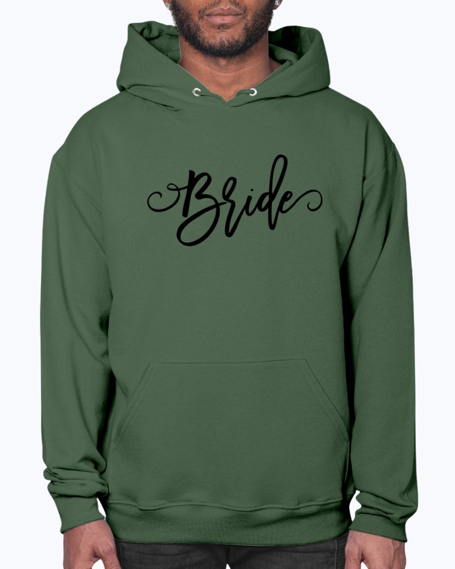 A cozy Bride Hoodie featuring a unisex design, perfect for brides and bridal parties, made from soft preshrunk fleece with a front pouch pocket.