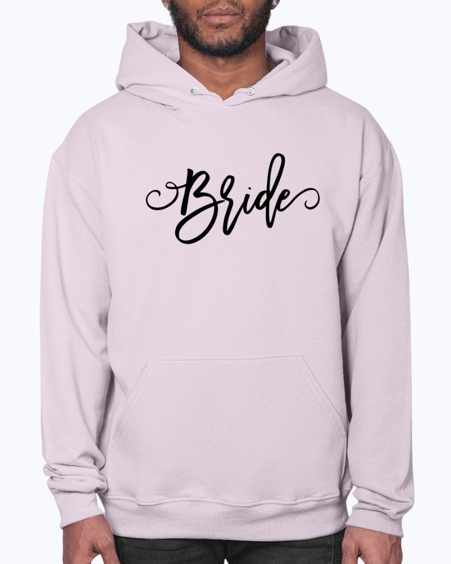 A cozy Bride Hoodie featuring a unisex design, perfect for brides and bridal parties, made from soft preshrunk fleece with a front pouch pocket.