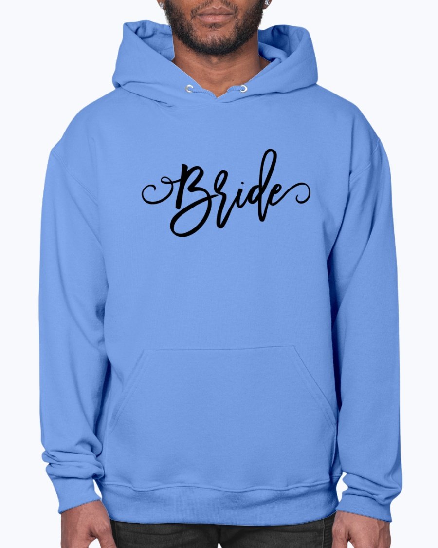 A cozy Bride Hoodie featuring a unisex design, perfect for brides and bridal parties, made from soft preshrunk fleece with a front pouch pocket.