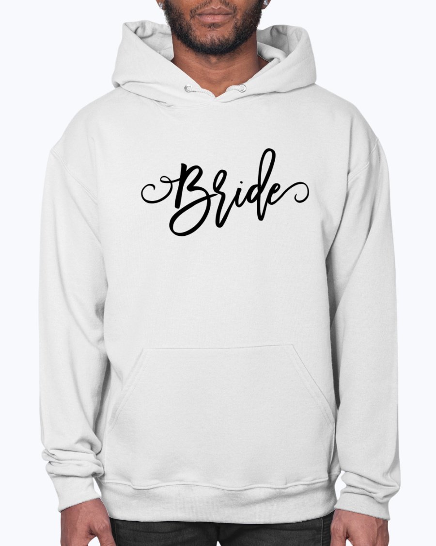 A cozy Bride Hoodie featuring a unisex design, perfect for brides and bridal parties, made from soft preshrunk fleece with a front pouch pocket.