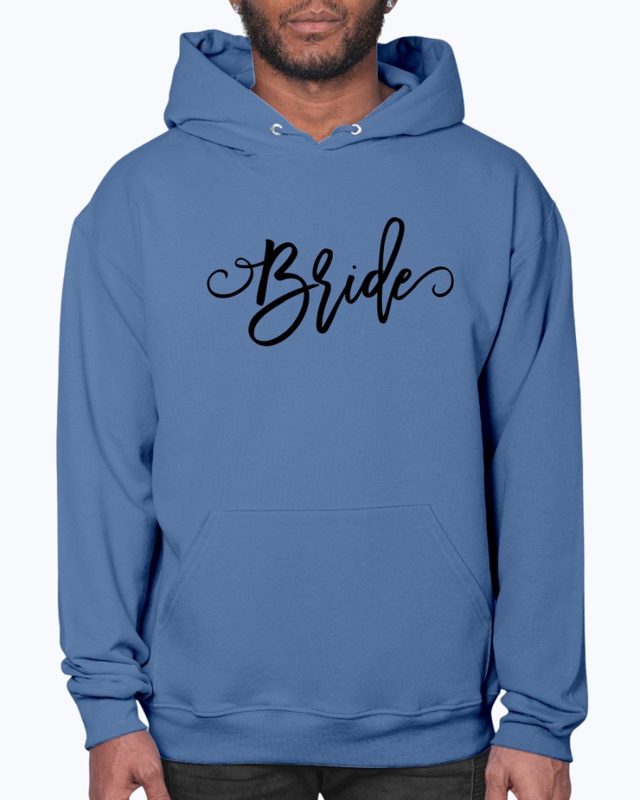 A cozy Bride Hoodie featuring a unisex design, perfect for brides and bridal parties, made from soft preshrunk fleece with a front pouch pocket.