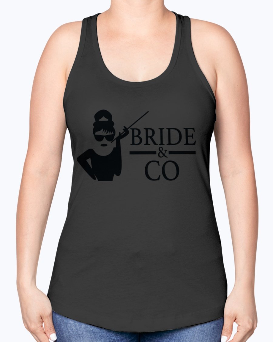 Bride & Co Racerback Tank in white, featuring a comfortable fit and stylish design, perfect for bridal events.