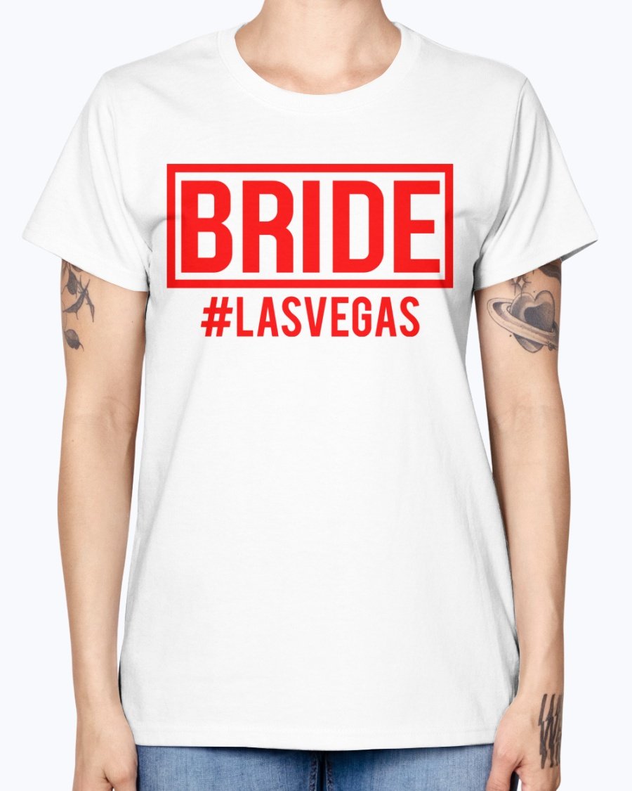 Bride #las Vegas Missy T-Shirt in various colors, showcasing a stylish scoop neck and cap sleeves, perfect for bridal celebrations.