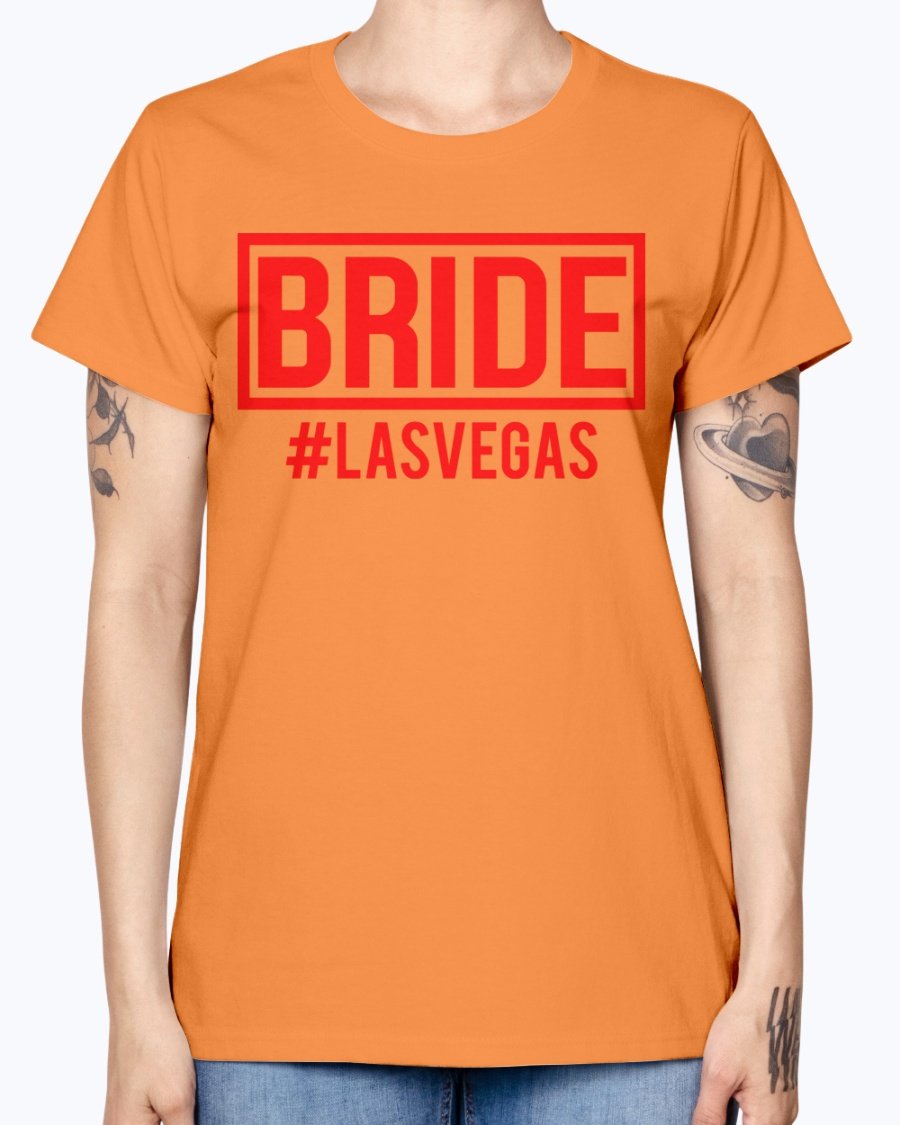 Bride #las Vegas Missy T-Shirt in various colors, showcasing a stylish scoop neck and cap sleeves, perfect for bridal celebrations.