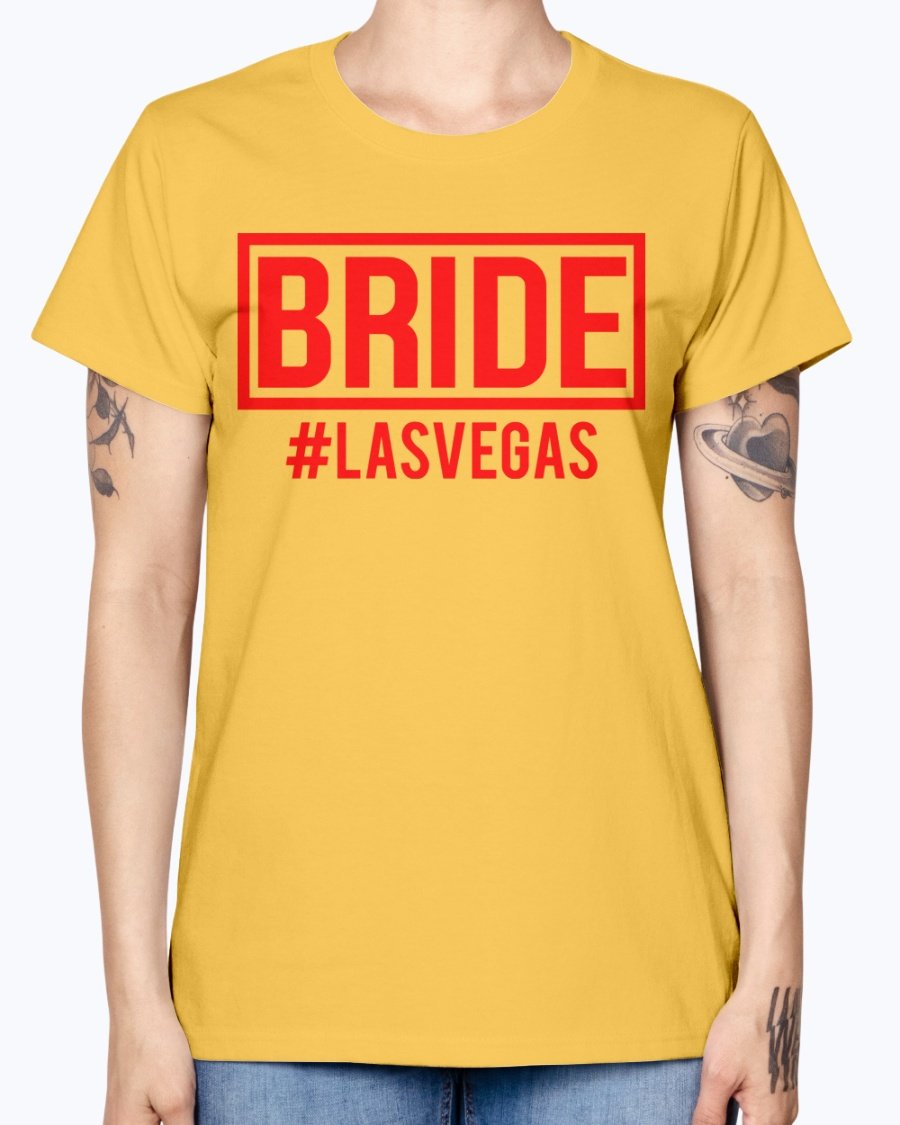 Bride #las Vegas Missy T-Shirt in various colors, showcasing a stylish scoop neck and cap sleeves, perfect for bridal celebrations.