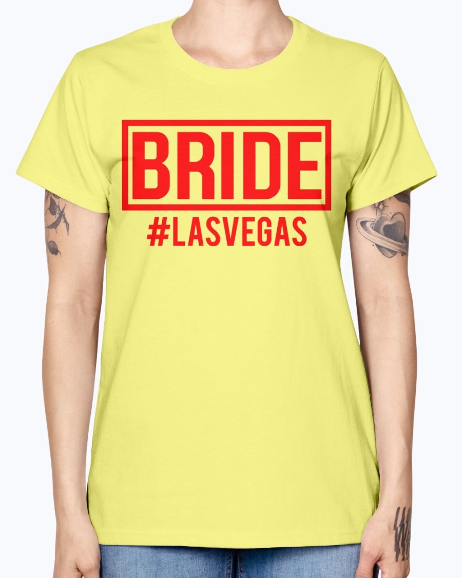 Bride #las Vegas Missy T-Shirt in various colors, showcasing a stylish scoop neck and cap sleeves, perfect for bridal celebrations.