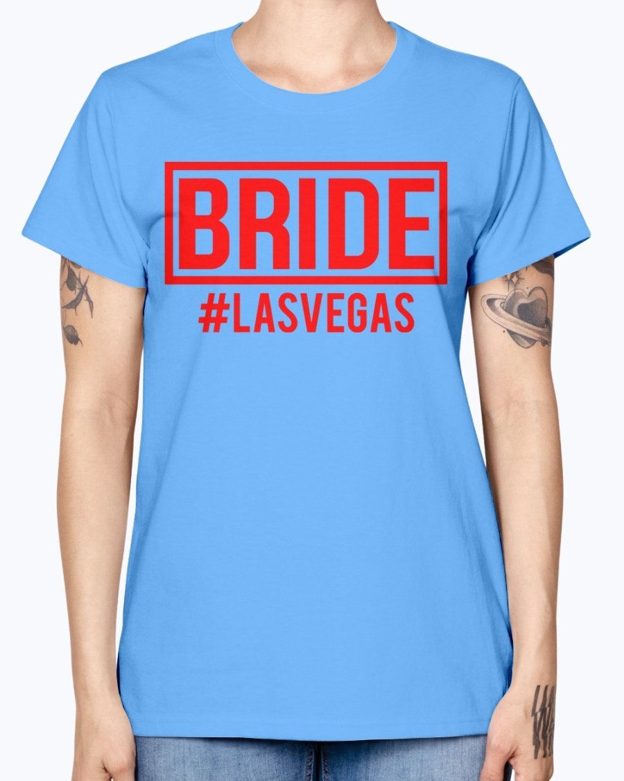 Bride #las Vegas Missy T-Shirt in various colors, showcasing a stylish scoop neck and cap sleeves, perfect for bridal celebrations.