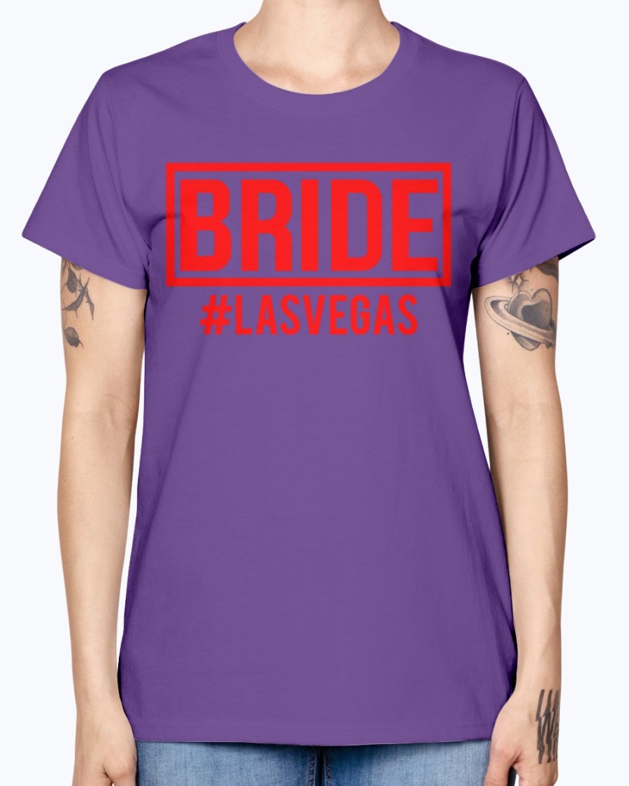 Bride #las Vegas Missy T-Shirt in various colors, showcasing a stylish scoop neck and cap sleeves, perfect for bridal celebrations.