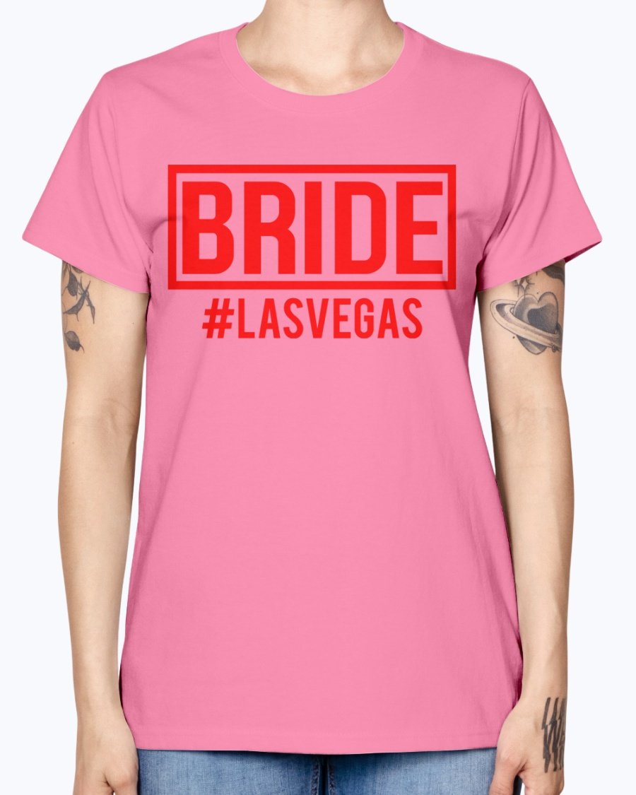 Bride #las Vegas Missy T-Shirt in various colors, showcasing a stylish scoop neck and cap sleeves, perfect for bridal celebrations.