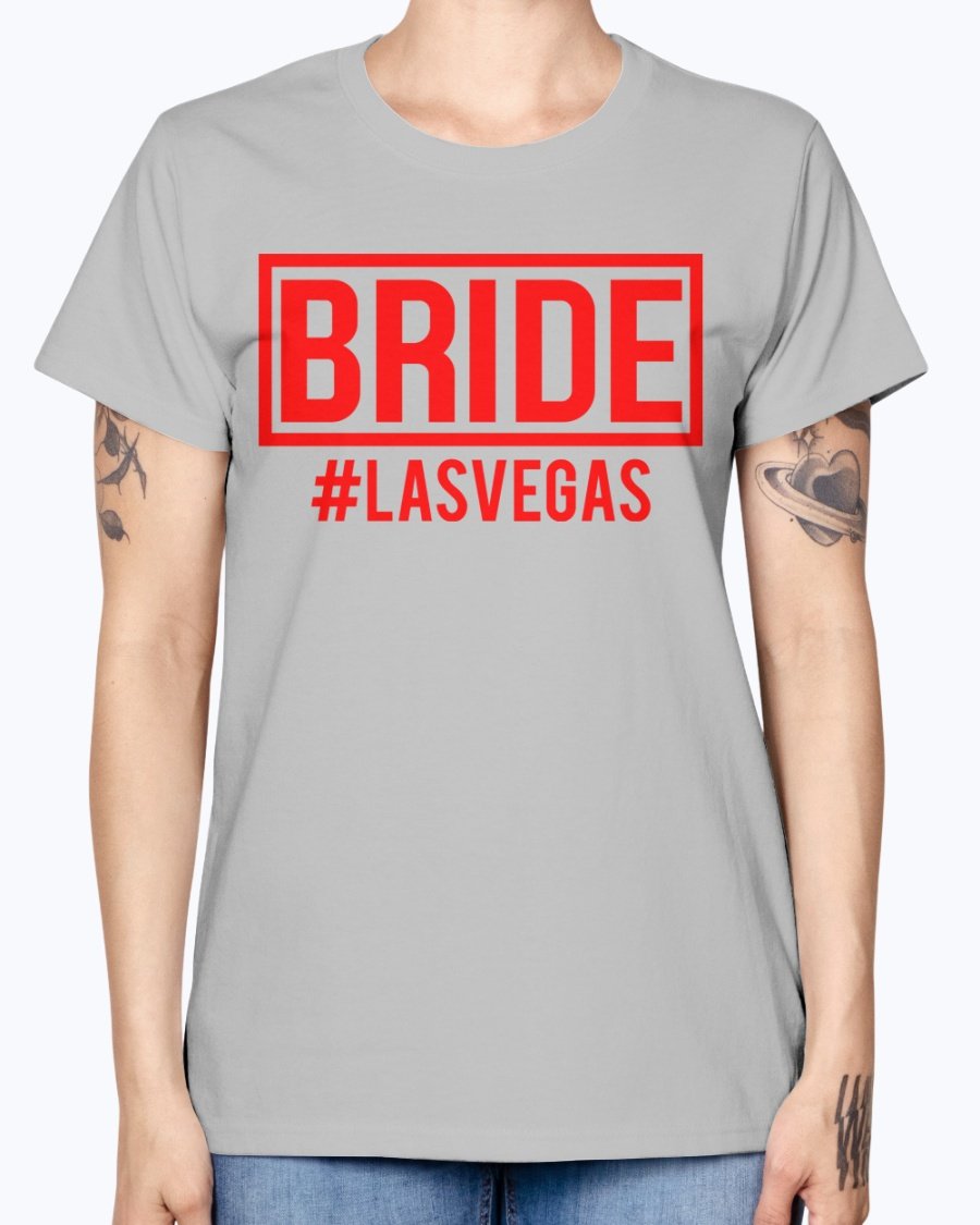 Bride #las Vegas Missy T-Shirt in various colors, showcasing a stylish scoop neck and cap sleeves, perfect for bridal celebrations.