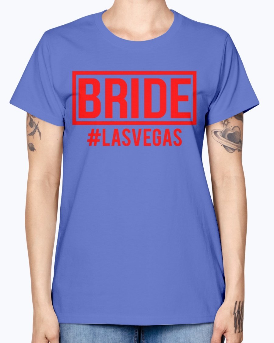 Bride #las Vegas Missy T-Shirt in various colors, showcasing a stylish scoop neck and cap sleeves, perfect for bridal celebrations.