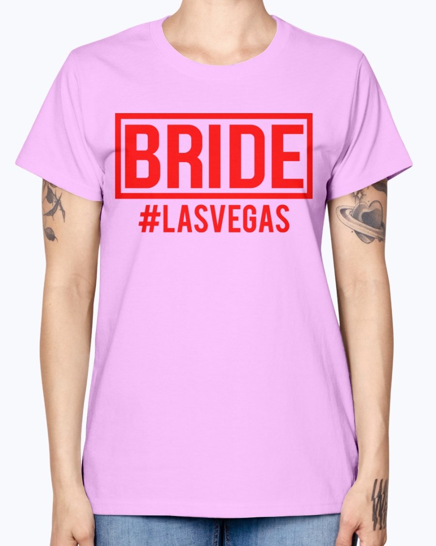 Bride #las Vegas Missy T-Shirt in various colors, showcasing a stylish scoop neck and cap sleeves, perfect for bridal celebrations.