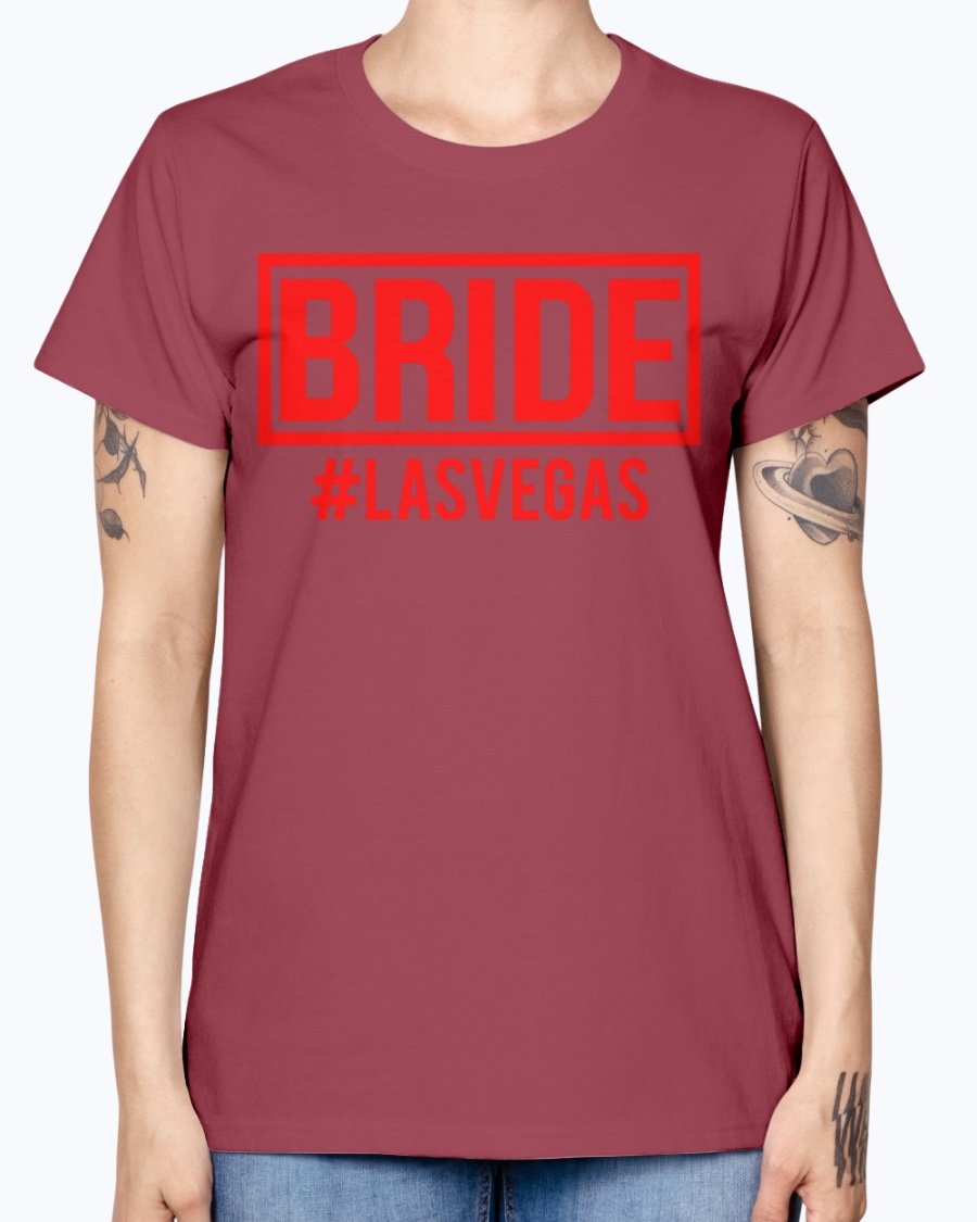 Bride #las Vegas Missy T-Shirt in various colors, showcasing a stylish scoop neck and cap sleeves, perfect for bridal celebrations.