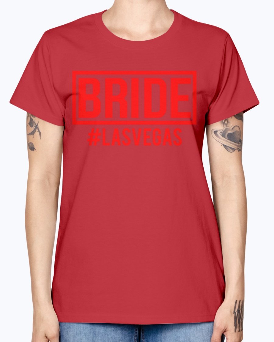 Bride #las Vegas Missy T-Shirt in various colors, showcasing a stylish scoop neck and cap sleeves, perfect for bridal celebrations.