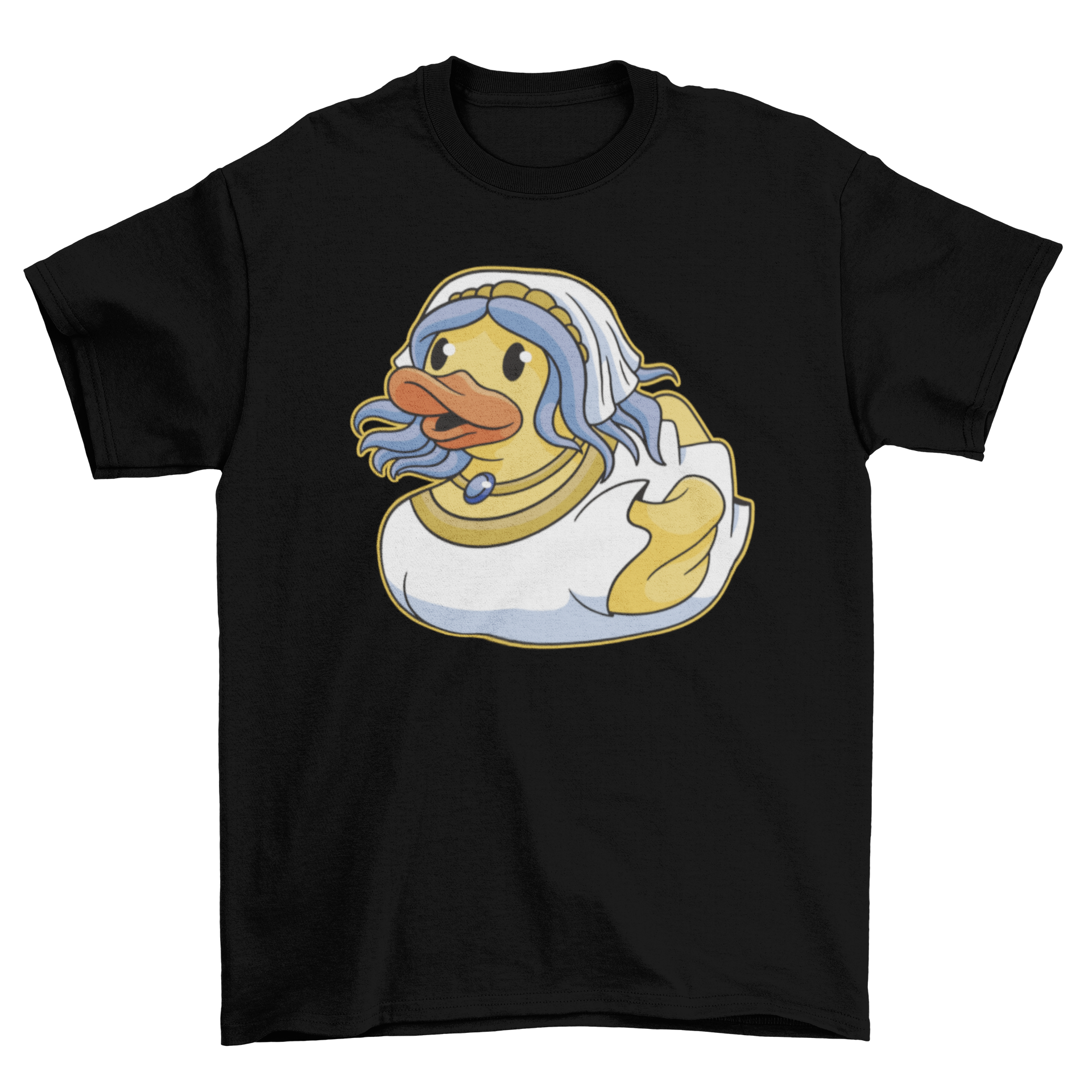 A playful t-shirt featuring a rubber duck dressed as a bride, perfect for bridal parties.