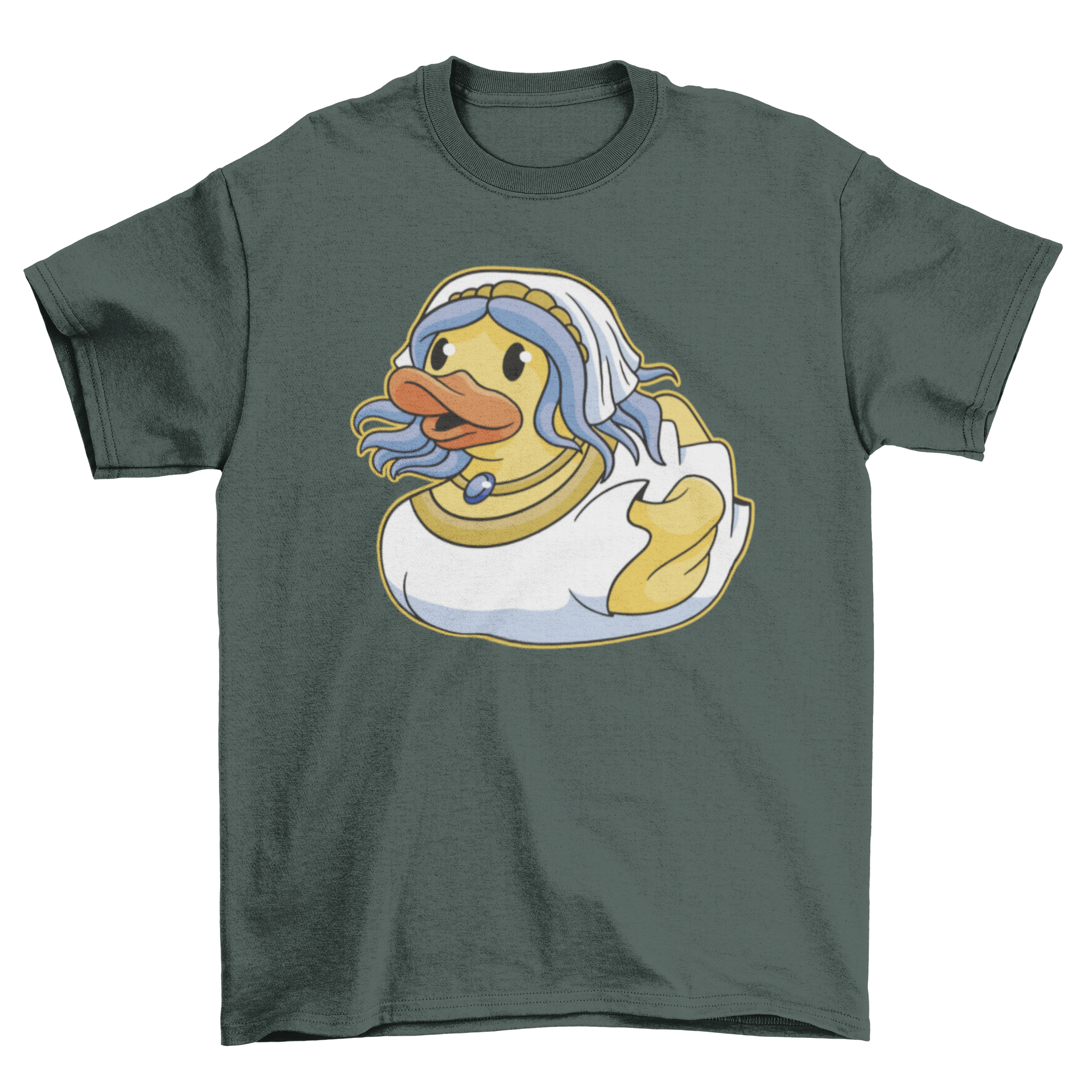 A playful t-shirt featuring a rubber duck dressed as a bride, perfect for bridal parties.