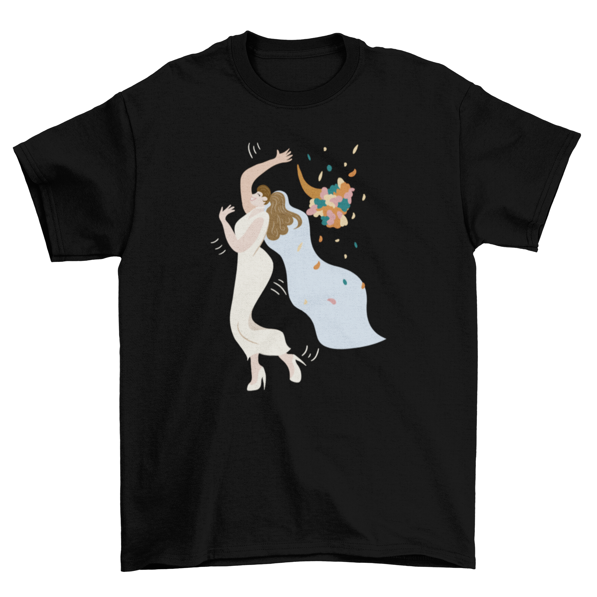 A stylish t-shirt featuring a bride in a wedding dress throwing a bouquet of flowers, perfect for bridal parties.