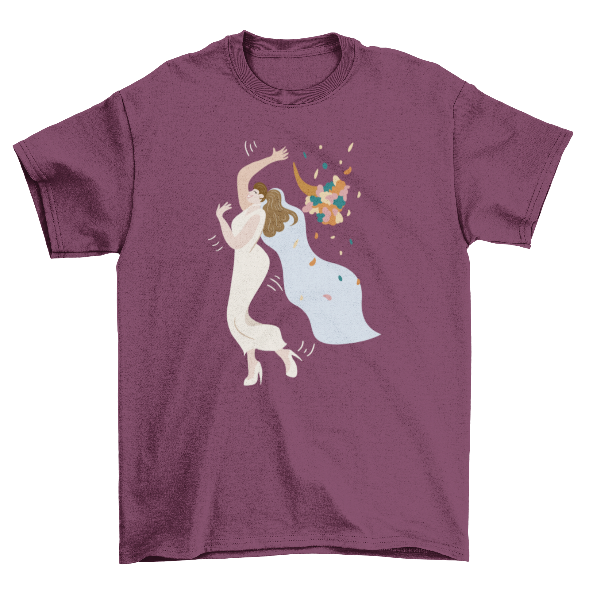 A stylish t-shirt featuring a bride in a wedding dress throwing a bouquet of flowers, perfect for bridal parties.