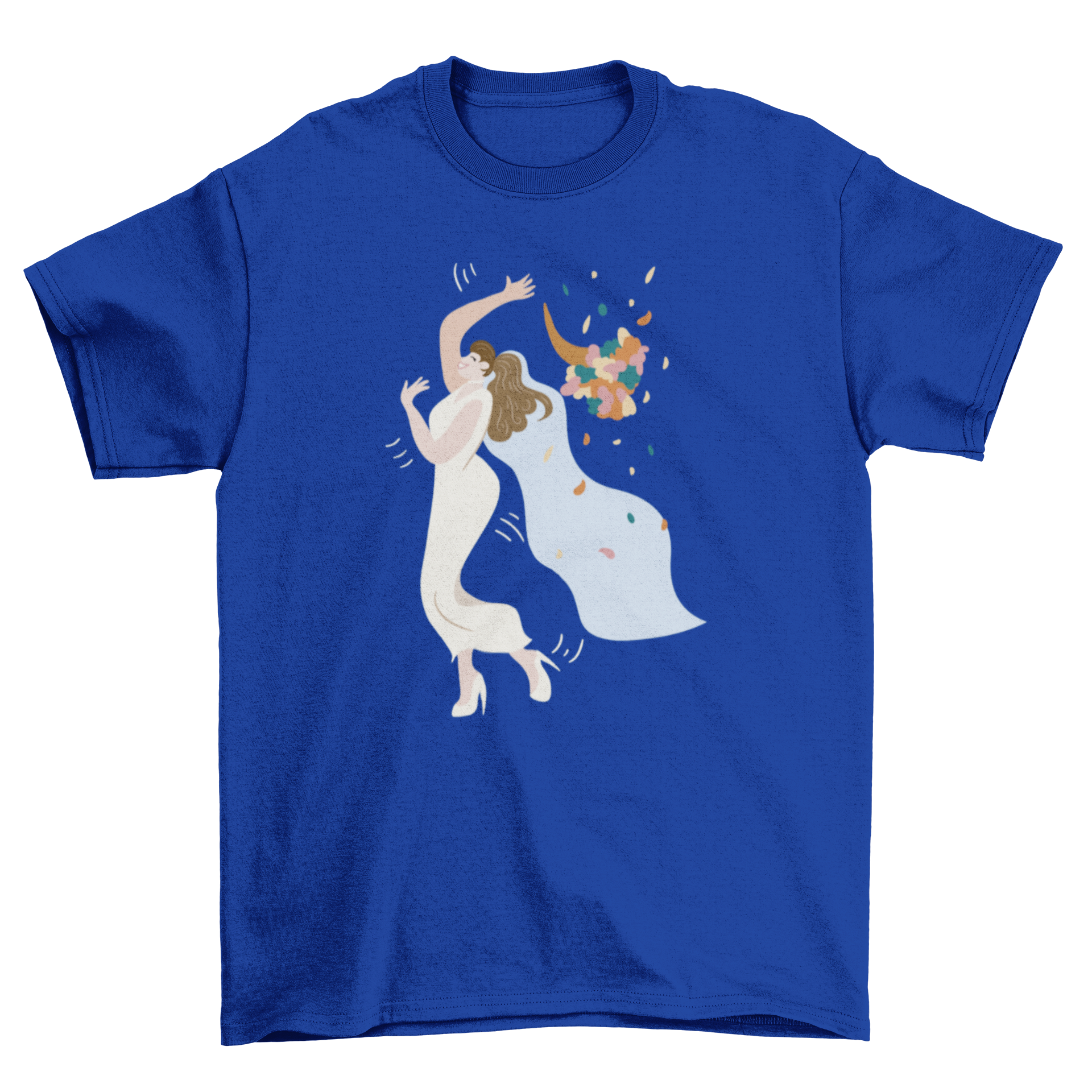 A stylish t-shirt featuring a bride in a wedding dress throwing a bouquet of flowers, perfect for bridal parties.