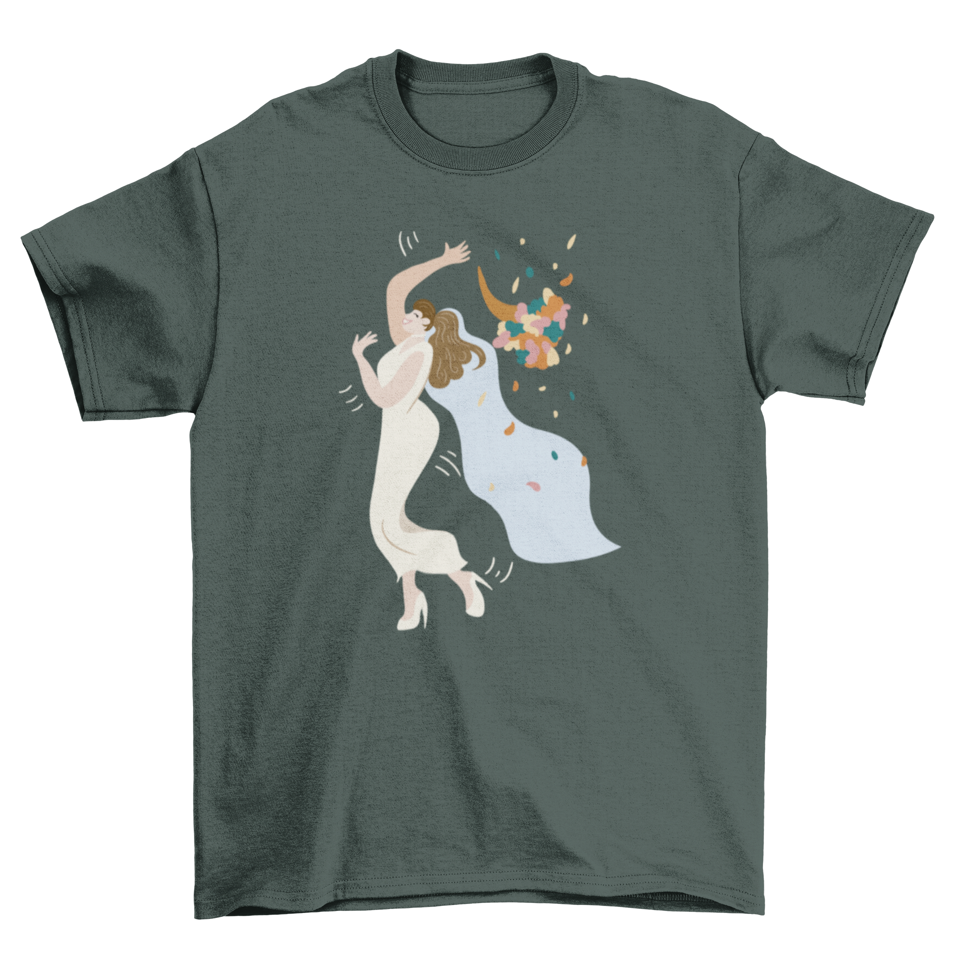 A stylish t-shirt featuring a bride in a wedding dress throwing a bouquet of flowers, perfect for bridal parties.