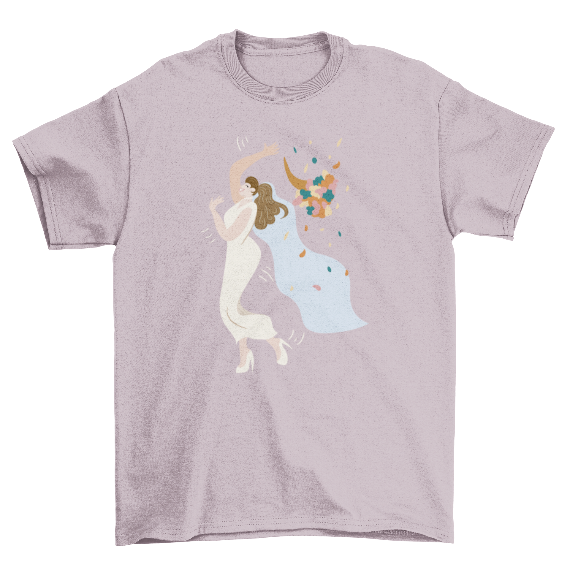 A stylish t-shirt featuring a bride in a wedding dress throwing a bouquet of flowers, perfect for bridal parties.