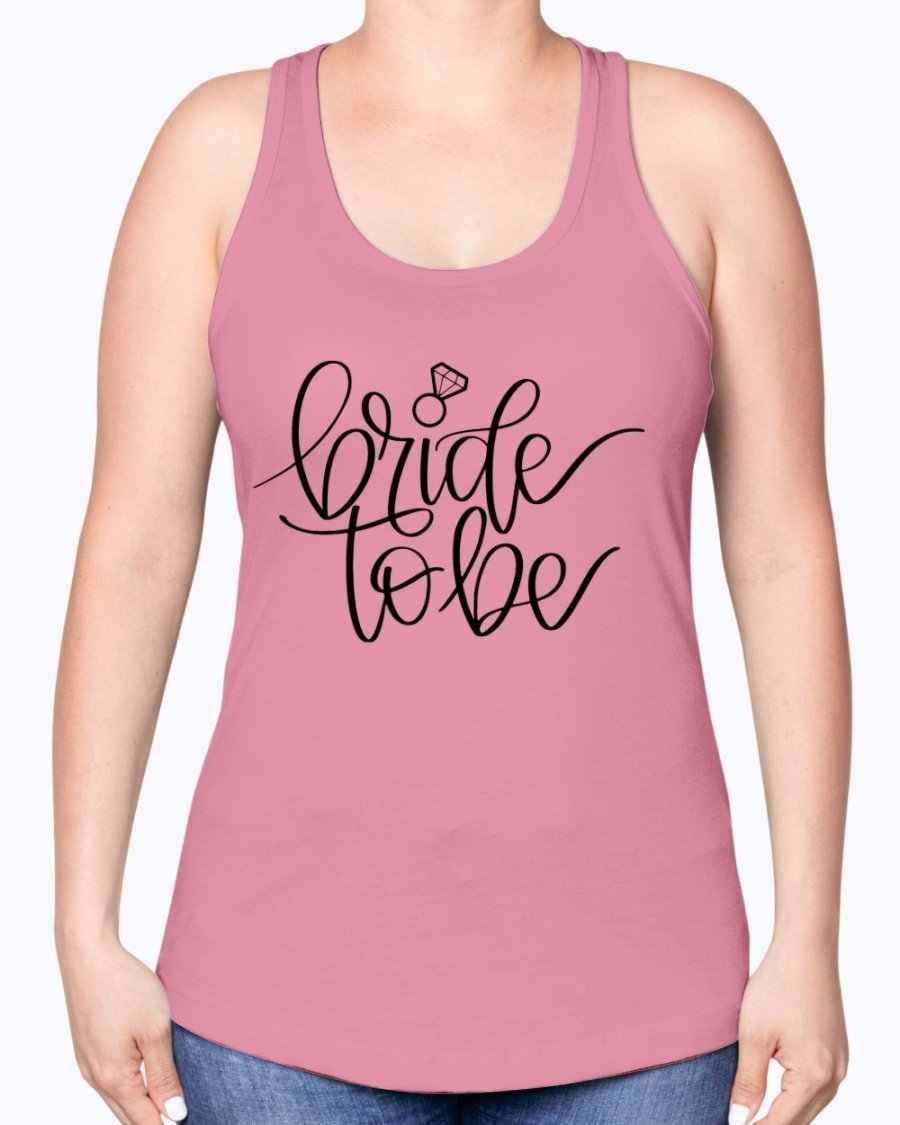 Bride to Be Racerback Tank in white with stylish lettering, perfect for bridal events.