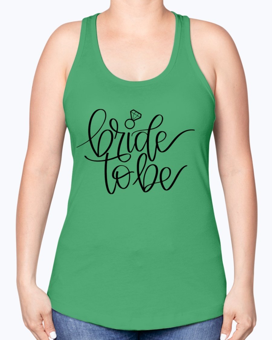 Bride to Be Racerback Tank in white with stylish lettering, perfect for bridal events.