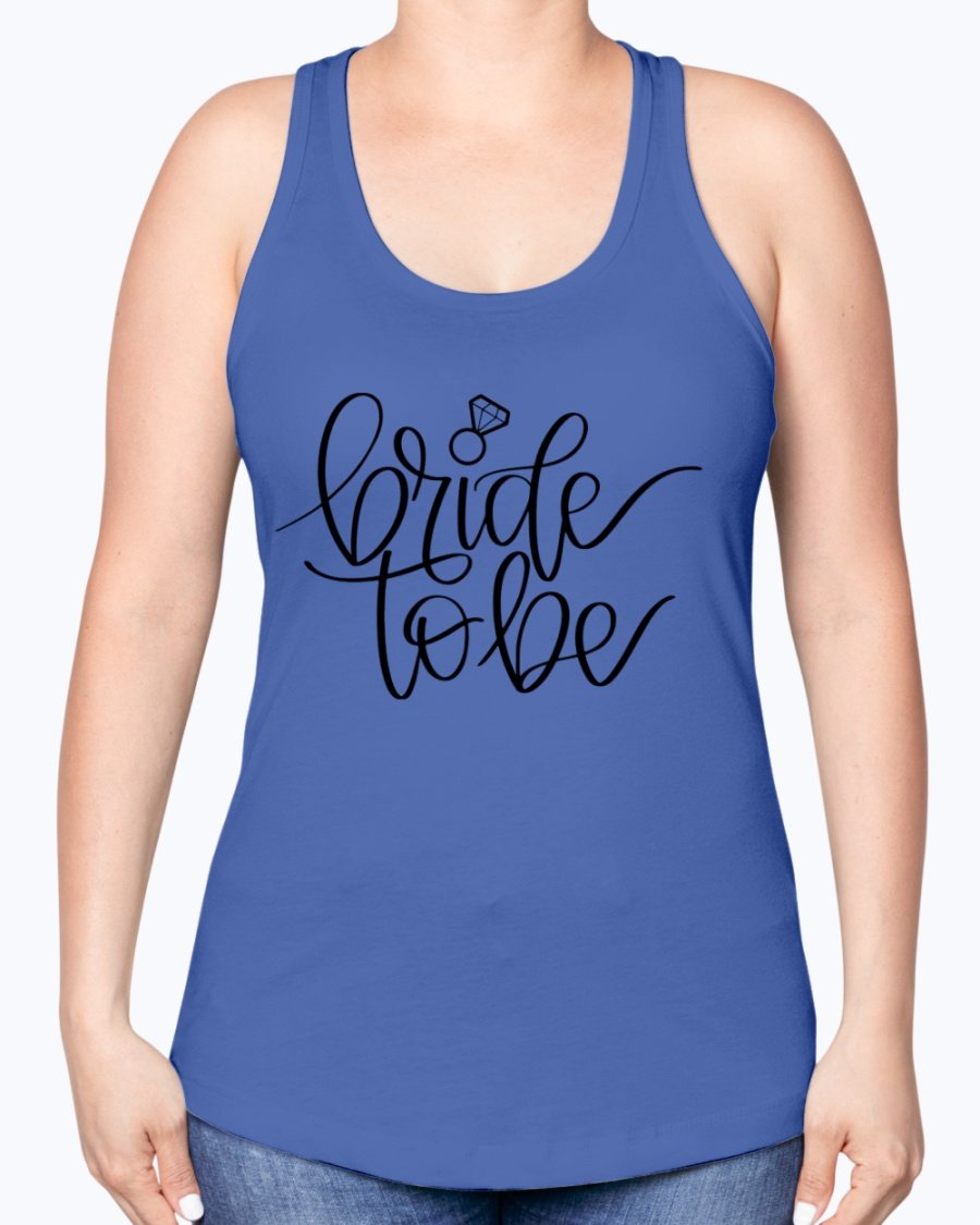 Bride to Be Racerback Tank in white with stylish lettering, perfect for bridal events.