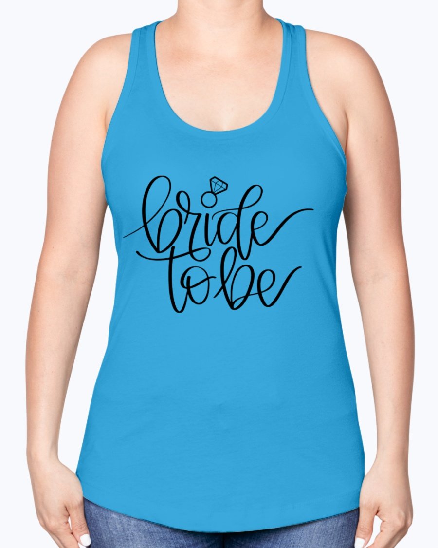 Bride to Be Racerback Tank in white with stylish lettering, perfect for bridal events.