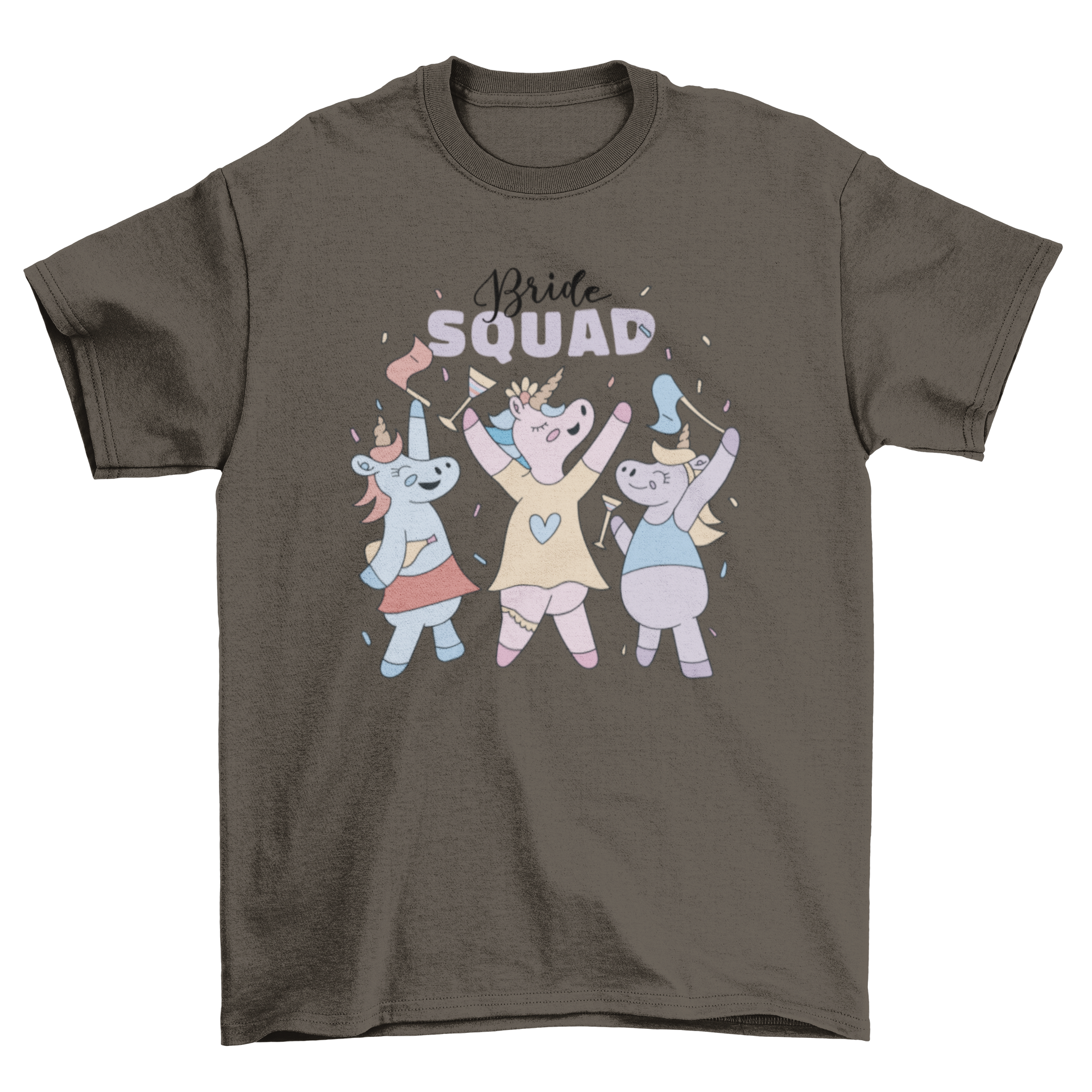 Bride Unicorn Squad T-shirt featuring colorful unicorns and the caption 'Bride Squad' for bachelorette parties.