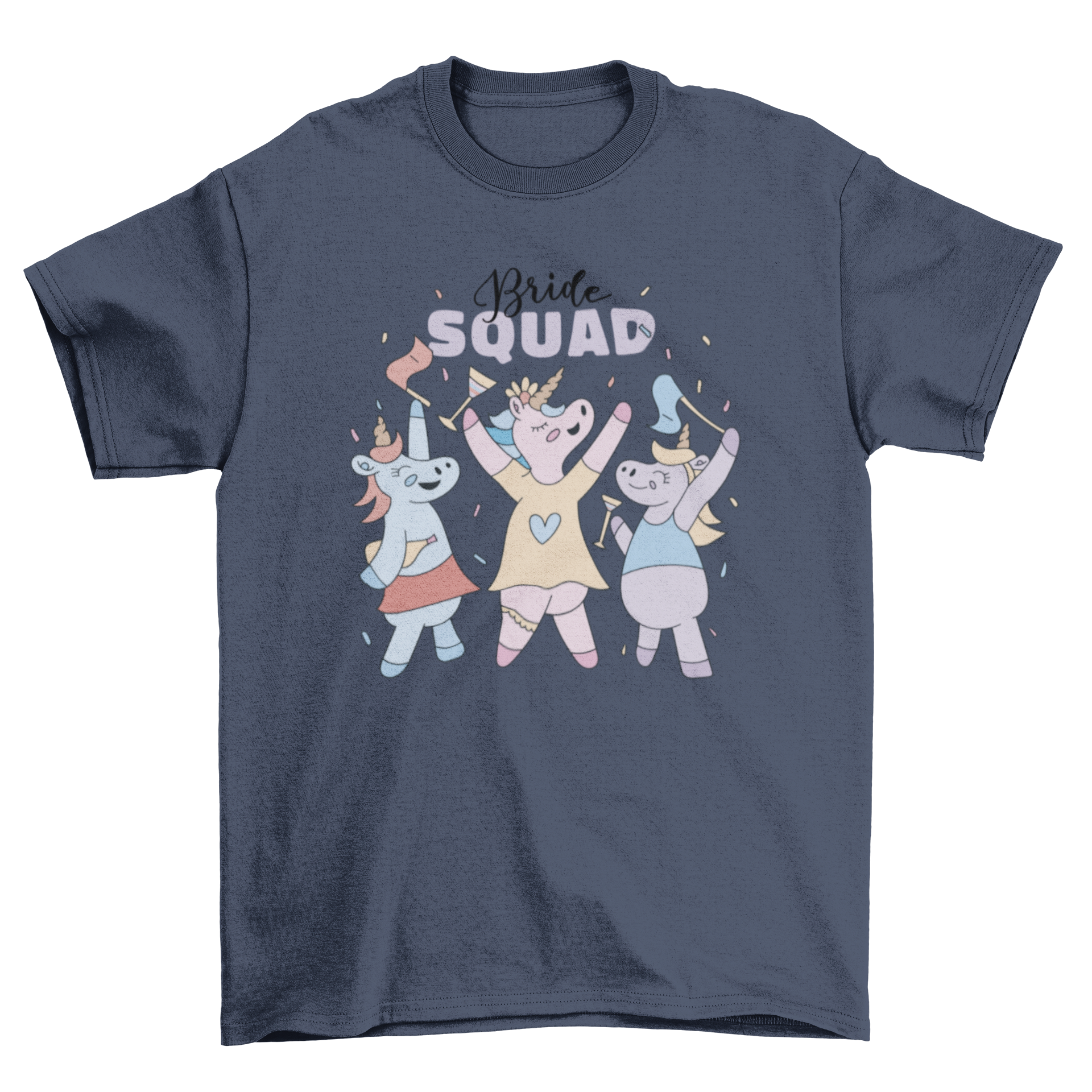 Bride Unicorn Squad T-shirt featuring colorful unicorns and the caption 'Bride Squad' for bachelorette parties.