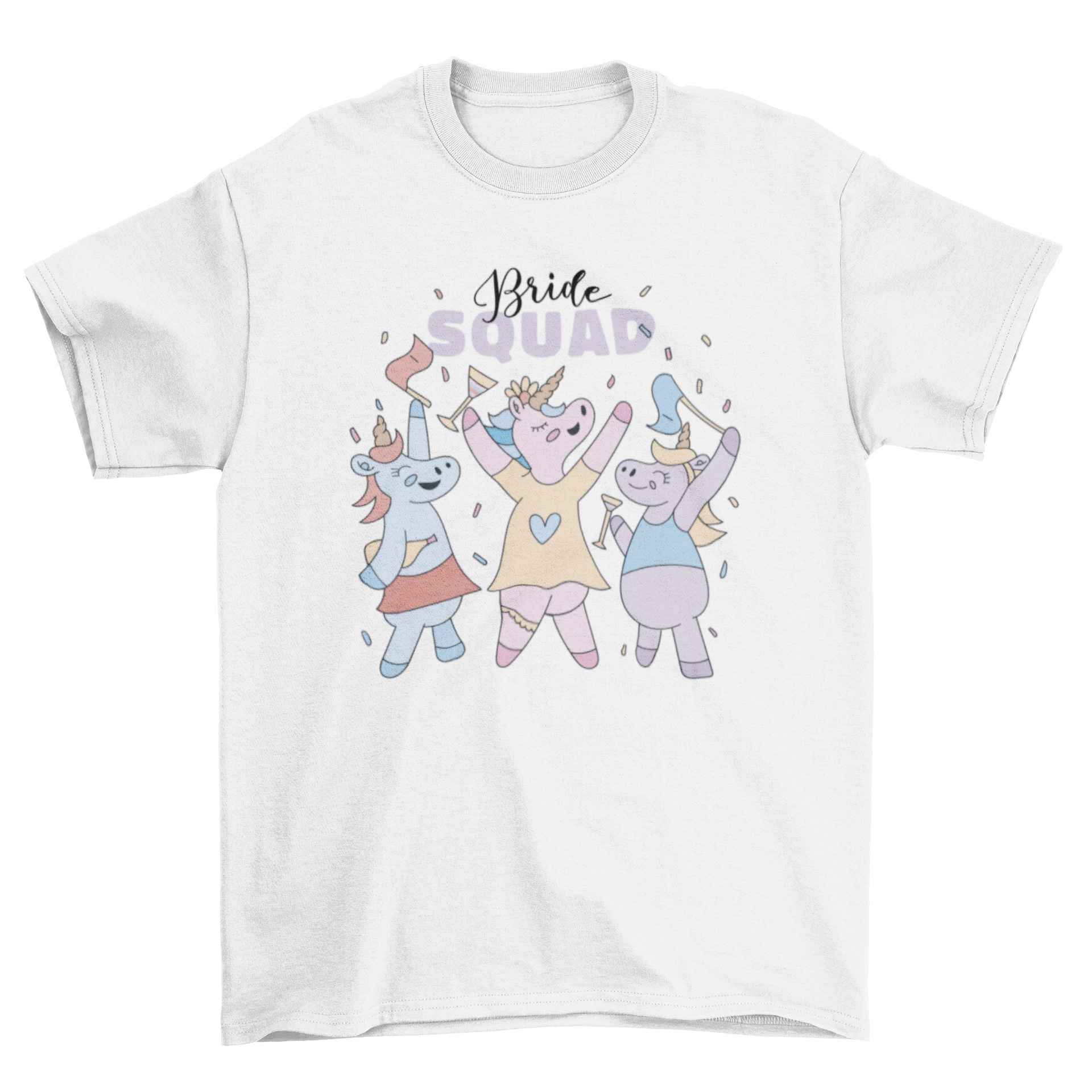 Bride Unicorn Squad T-shirt featuring colorful unicorns and the caption 'Bride Squad' for bachelorette parties.