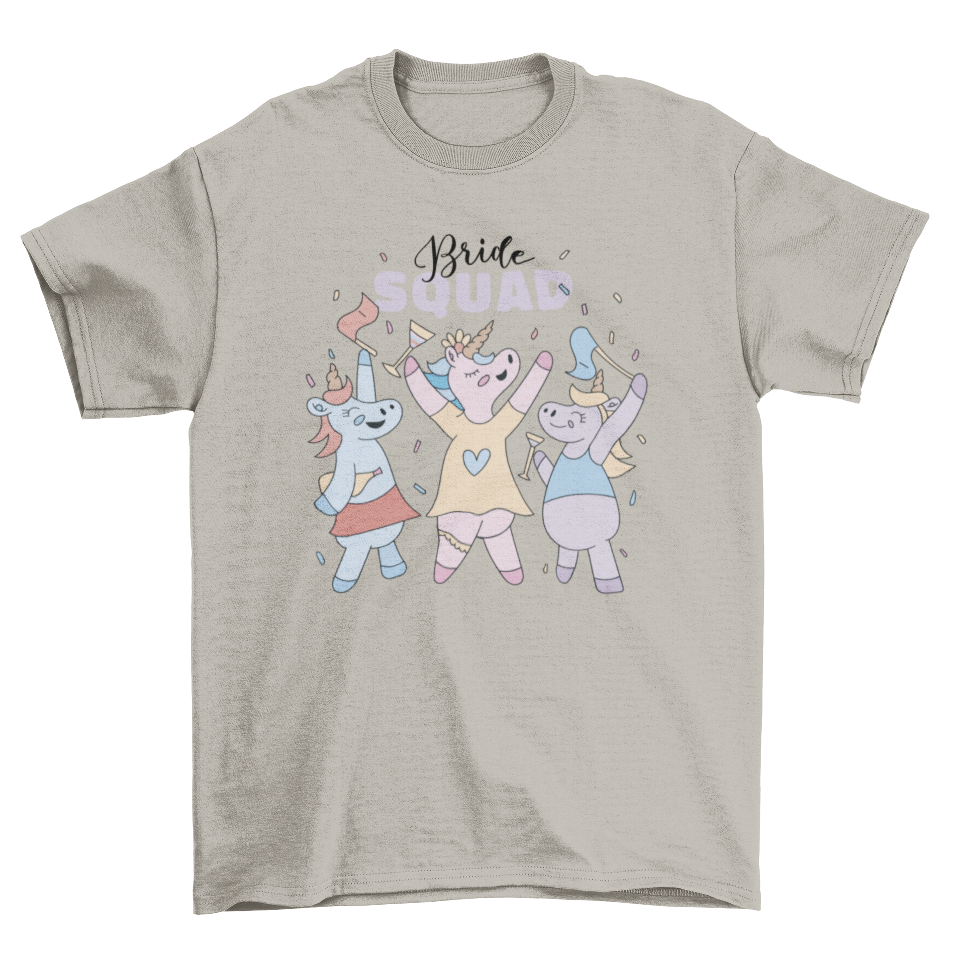 Bride Unicorn Squad T-shirt featuring colorful unicorns and the caption 'Bride Squad' for bachelorette parties.