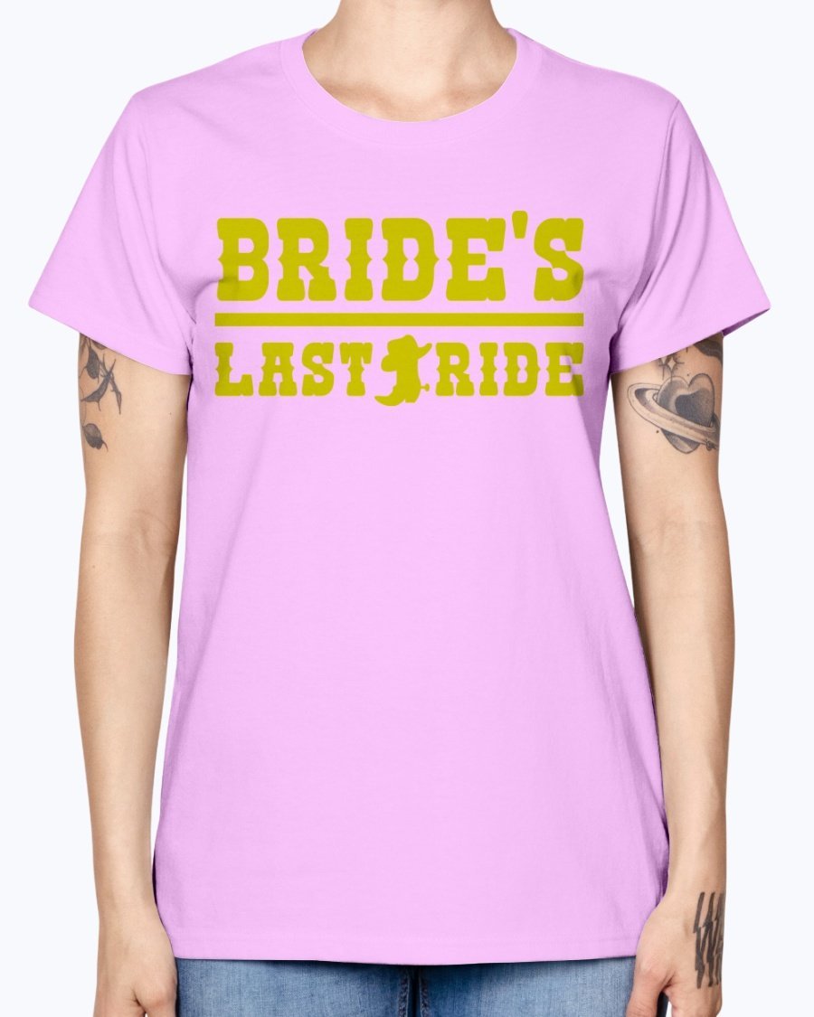 Bride's Last Ride Missy T-Shirt in various colors, showcasing its feminine design and comfortable fit.