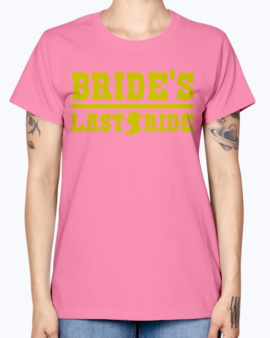 Bride's Last Ride Missy T-Shirt in various colors, showcasing its feminine design and comfortable fit.