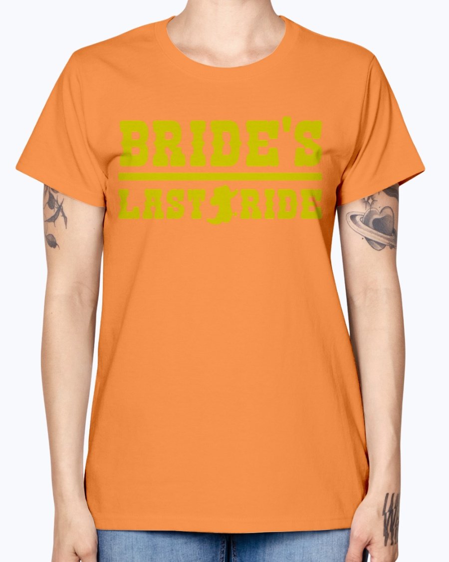 Bride's Last Ride Missy T-Shirt in various colors, showcasing its feminine design and comfortable fit.