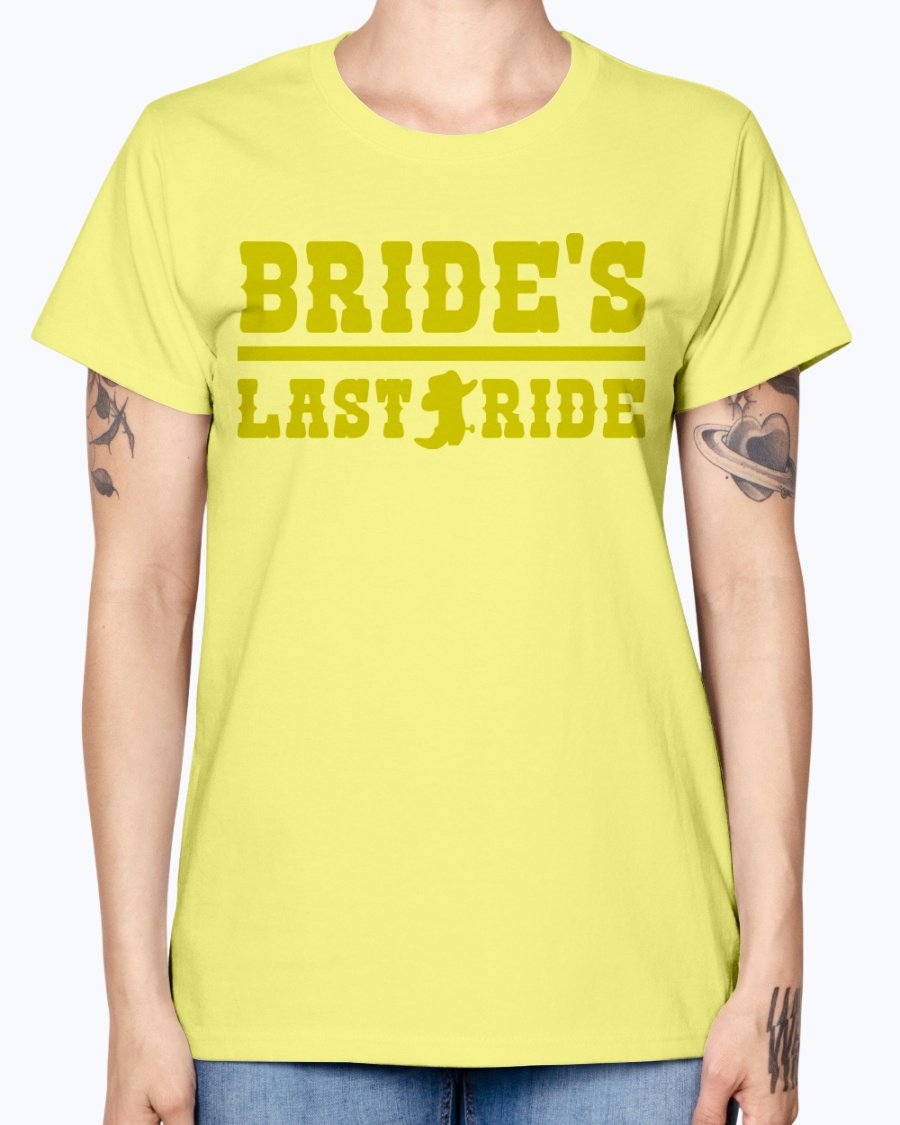 Bride's Last Ride Missy T-Shirt in various colors, showcasing its feminine design and comfortable fit.