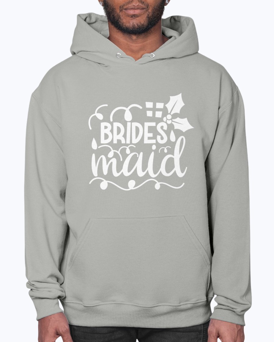 Bridesmaid hoodie featuring a unisex design, front pouch pocket, and soft fleece material, perfect for bridal parties and weddings.