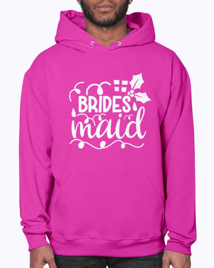 Bridesmaid hoodie featuring a unisex design, front pouch pocket, and soft fleece material, perfect for bridal parties and weddings.