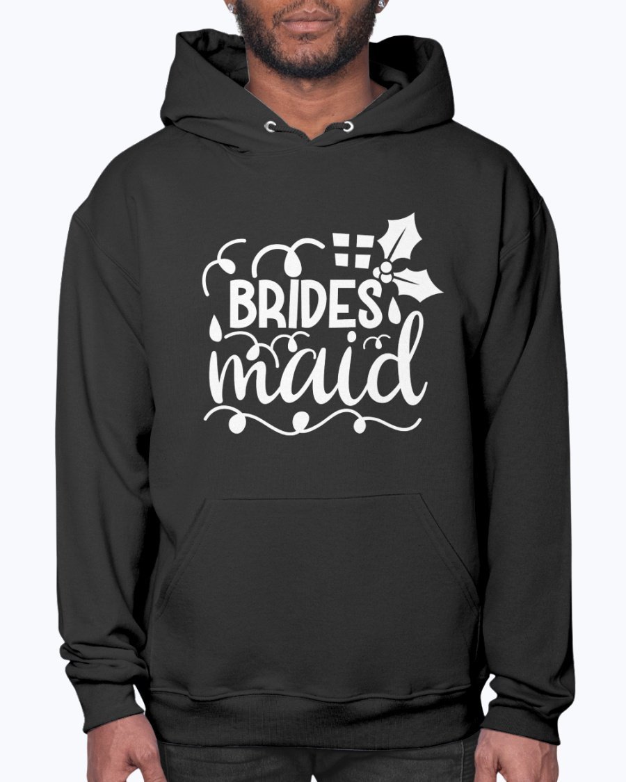 Bridesmaid hoodie featuring a unisex design, front pouch pocket, and soft fleece material, perfect for bridal parties and weddings.